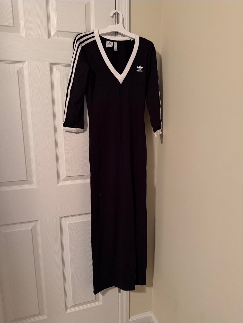 adidas Black Maxi Dress with White V-Neck and Sleeve Stripes